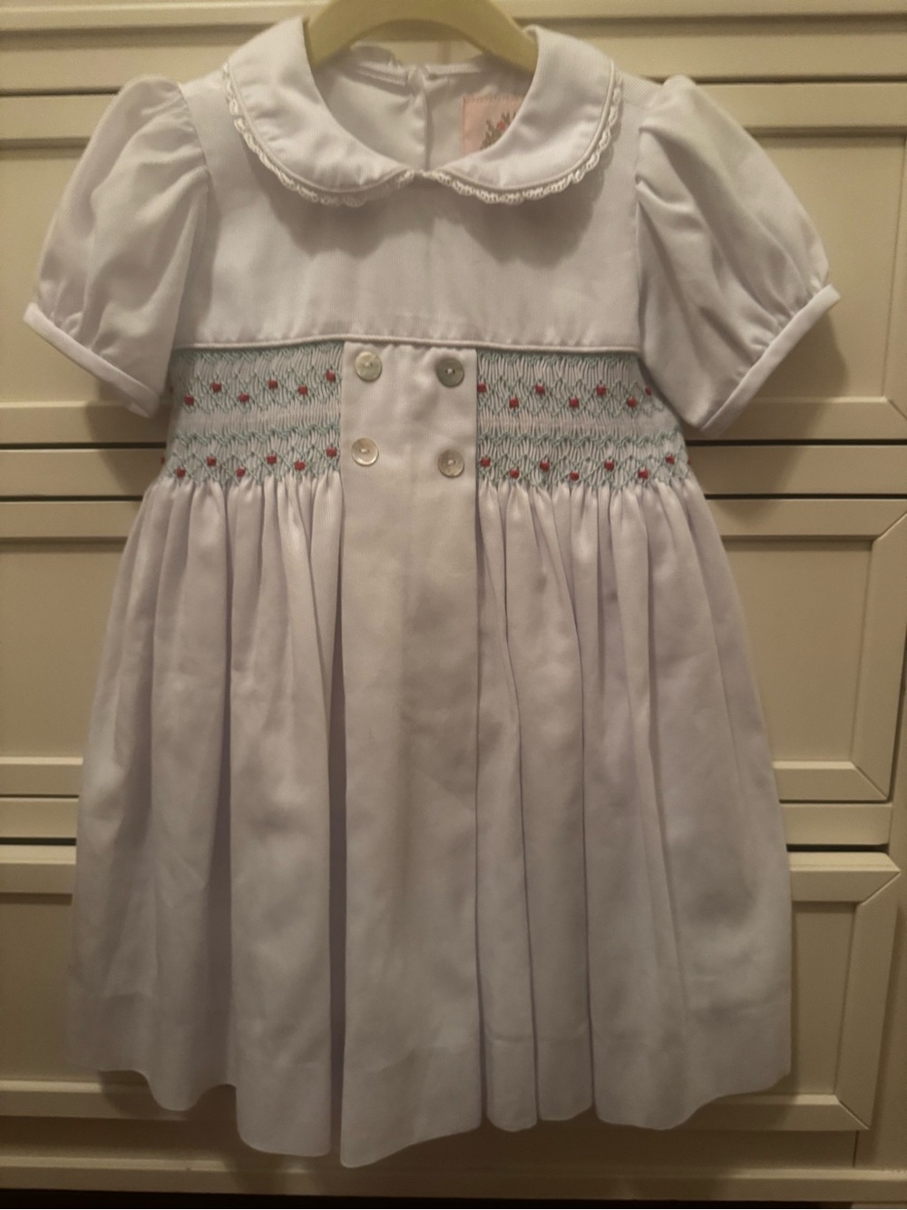 Frances Rose White Smocked Peter Pan Collar Dress with red & Green Embroidery